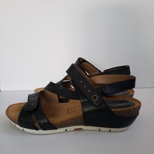 Josef Seibel black leather adjustable sandals with a suede like sole, neutral
